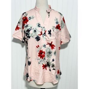 Women's Polyester Floral Print Split Neck Short‎ Sleeve Top Pink Size Large
